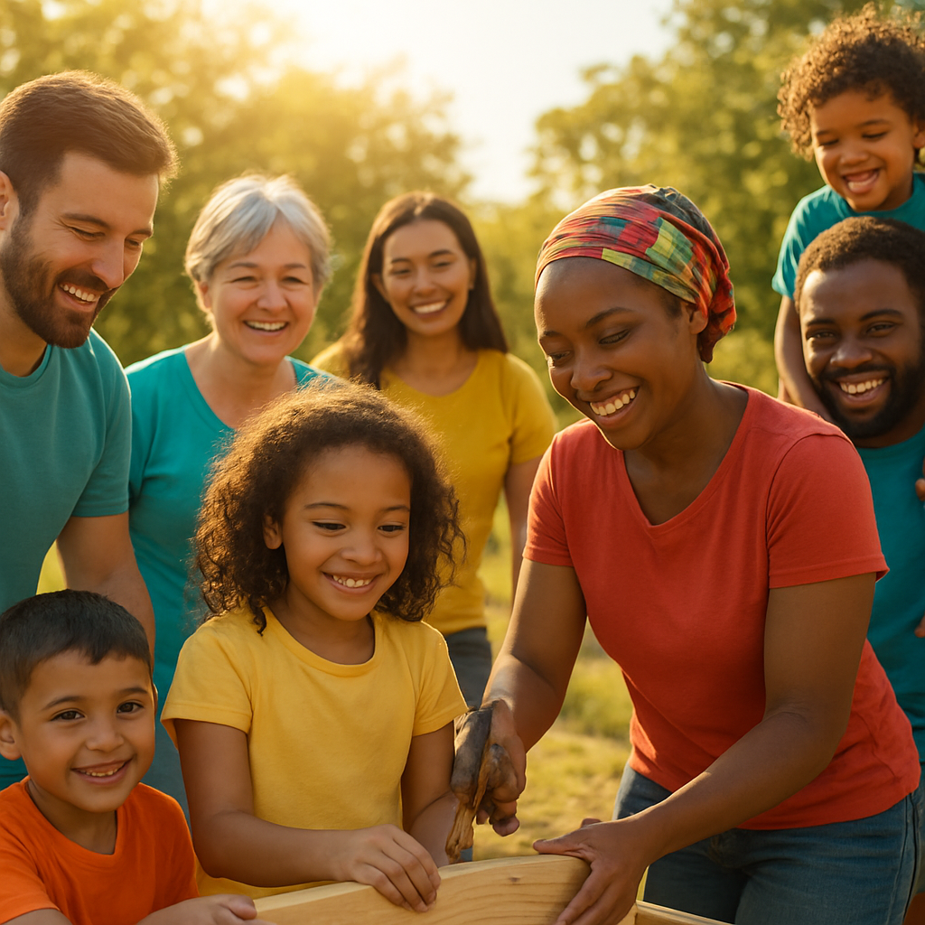 Diverse community volunteers helping build